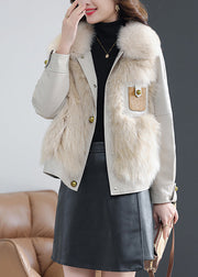 Beige Fox Collar Button Sheepskin Coat Fall