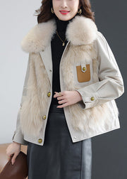 Beige Fox Collar Button Sheepskin Coat Fall