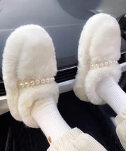 Beige Fuzzy Fur Platform Penny Loafers Fashion Splicing Nail Bead