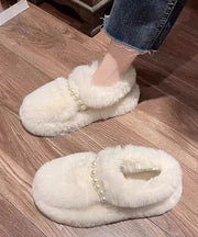 Beige Fuzzy Fur Platform Penny Loafers Fashion Splicing Nail Bead