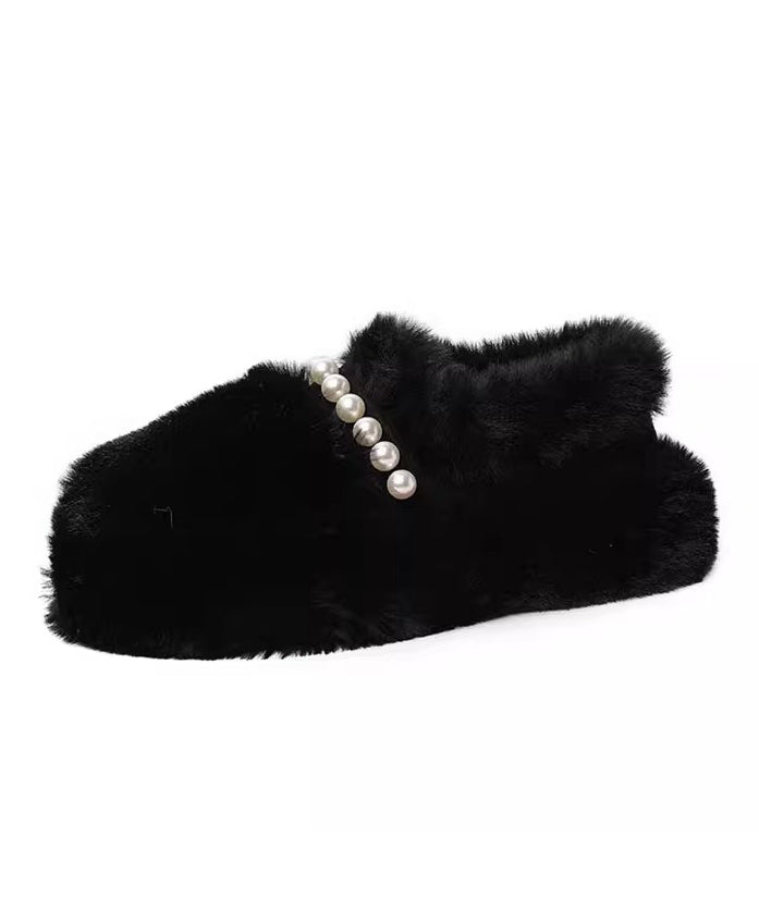 Beige Fuzzy Fur Platform Penny Loafers Fashion Splicing Nail Bead