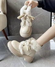 Beige Fuzzy Wool Lined Lace Up Splicing Platform Boots