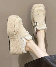 Beige Fuzzy Wool Lined Shoes Platform Wedge Heels