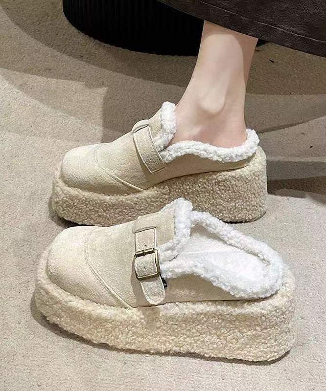 Beige Fuzzy Wool Lined Shoes Platform Wedge Heels