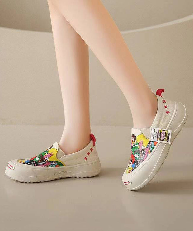 Beige Graffiti Women Casual Platform Canvas Flat Shoes For