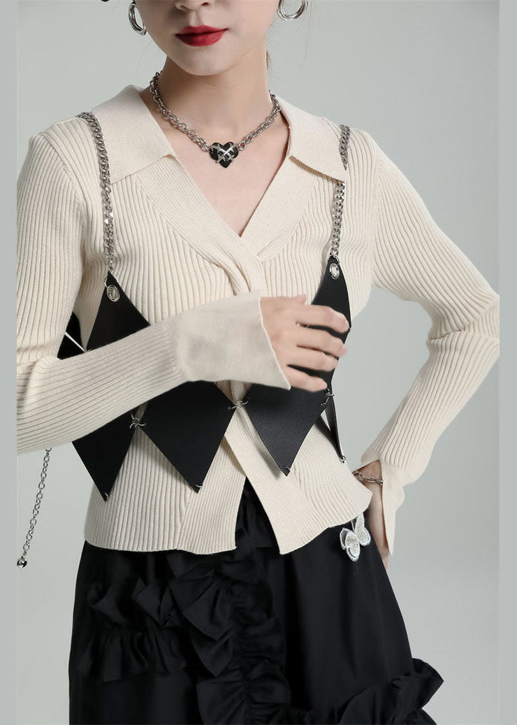 Beige Knit Sweater Tops V Neck Slim Fit Winter