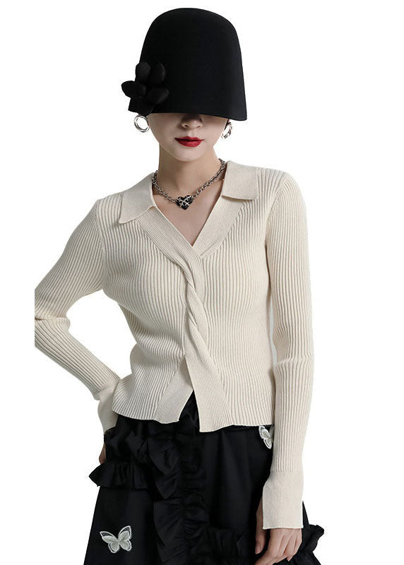 Beige Knit Sweater Tops V Neck Slim Fit Winter