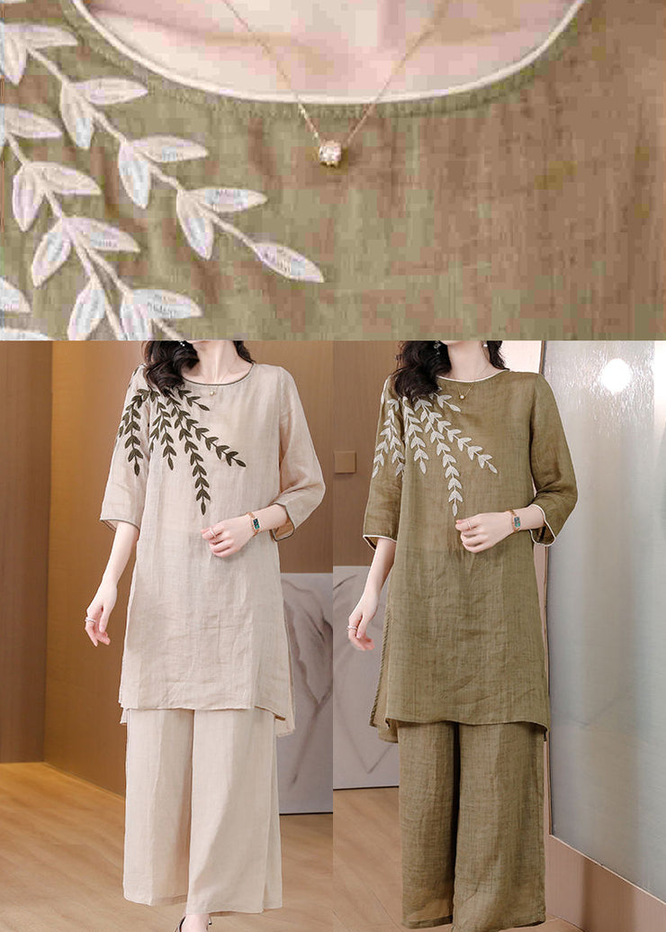 Beige Linen Dress Two Pieces Set Embroidered Side Open Summer