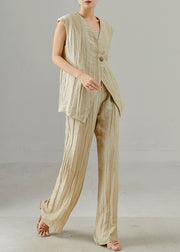 Beige Linen Two Piece Suit Set Asymmetrical Wrinkled Summer