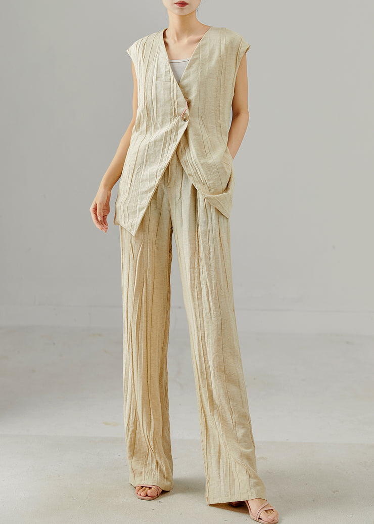 Beige Linen Two Piece Suit Set Asymmetrical Wrinkled Summer