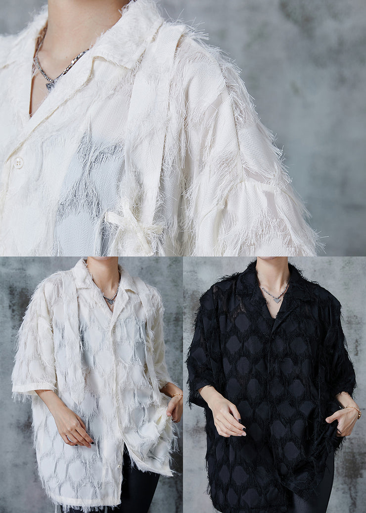 Beige Loose Cotton Shirts Tasseled Summer