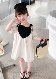 Beige Love Patchwork Cotton Girls Slip Mid Dress Summer