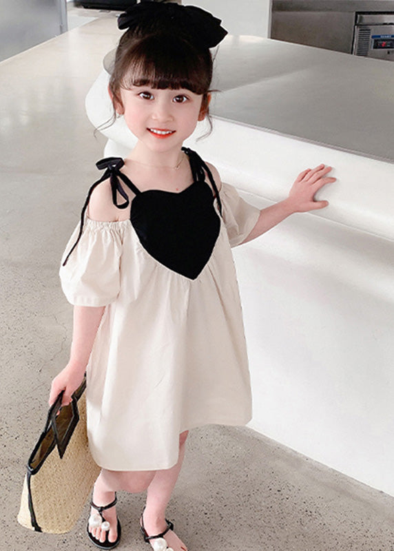 Beige Love Patchwork Cotton Girls Slip Mid Dress Summer