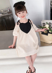 Beige Love Patchwork Cotton Girls Slip Mid Dress Summer