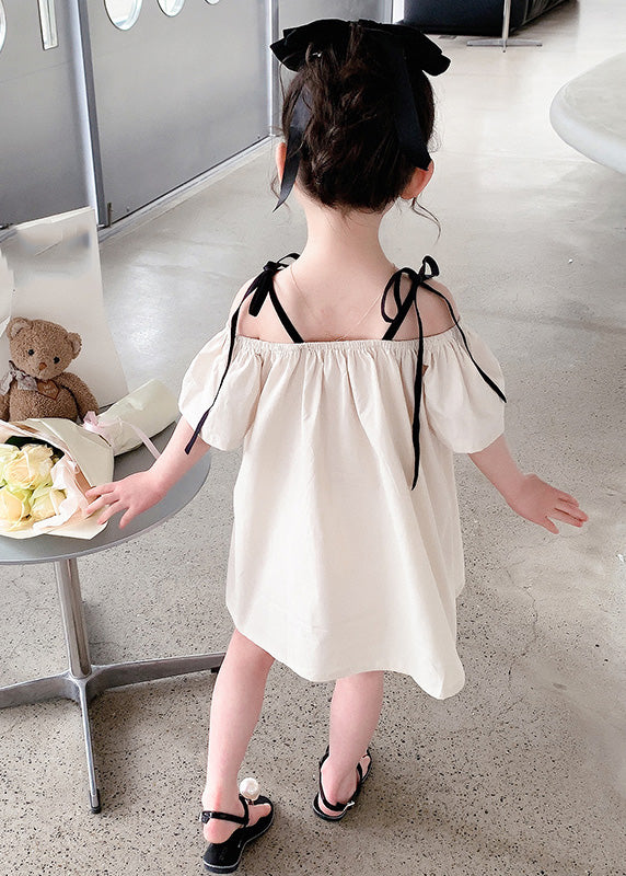 Beige Love Patchwork Cotton Girls Slip Mid Dress Summer