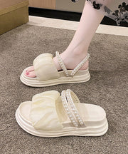 Beige Nail Bead Splicing Peep Toe Platform Slide Sandals