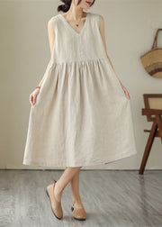 Beige O-Neck Solid Cotton Long Dress Sleeveless