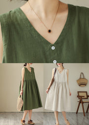 Beige O-Neck Solid Cotton Long Dress Sleeveless