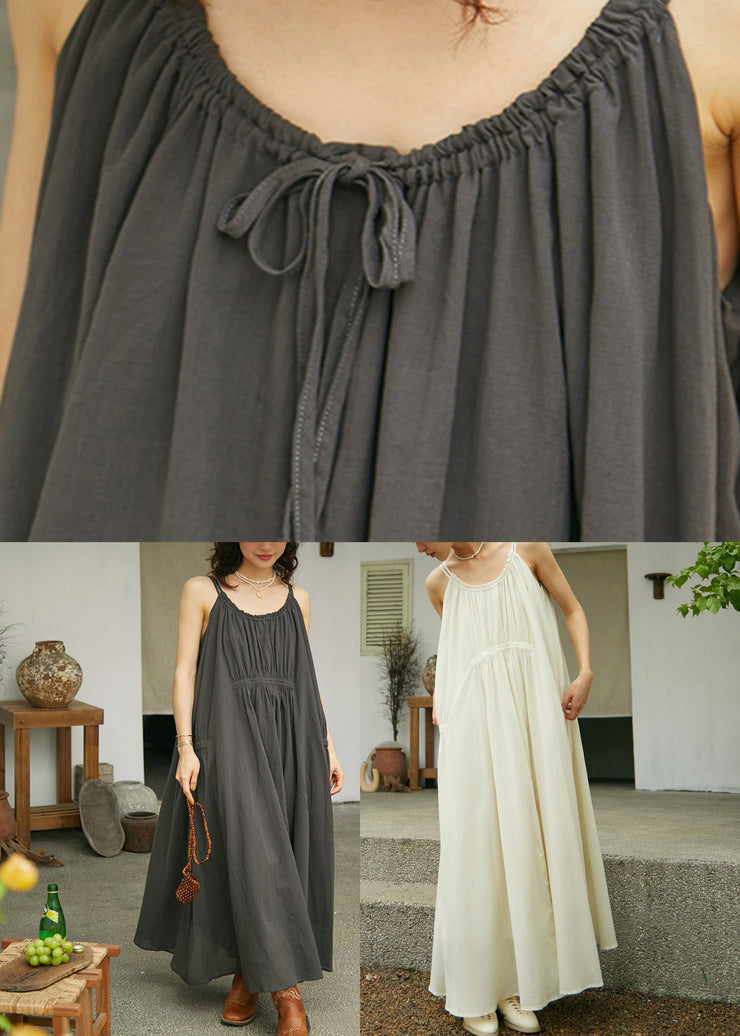 Beige O-Neck Wrinkled Cotton Maxi Spaghetti Strap Dress Sleeveless