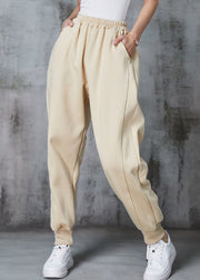 Beige Oversized Cotton Pants Elastic Waist Pockets Spring