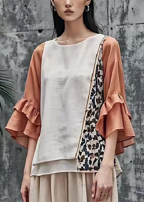 Beige Patchwork Cotton Shirt Flare Sleeve