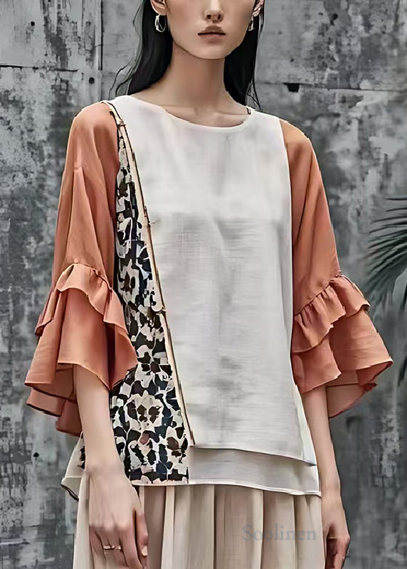 Beige Patchwork Cotton Shirt Flare Sleeve