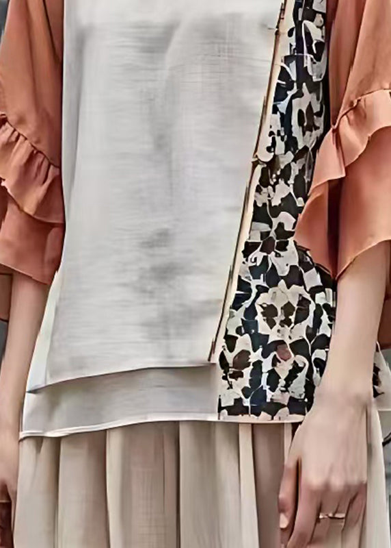 Beige Patchwork Cotton Shirt Flare Sleeve