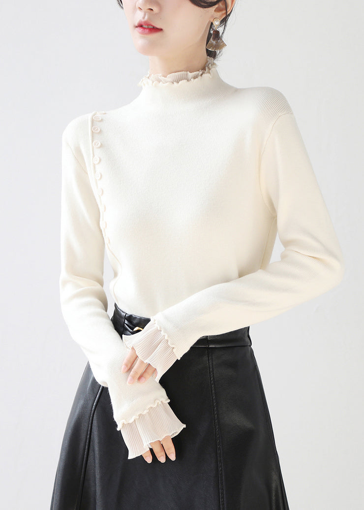 Beige Patchwork Knit Pullover Ruffled Button High Neck Winter