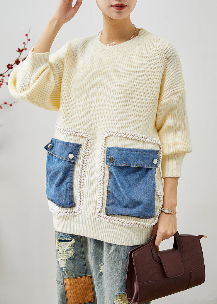 Beige Patchwork Knit Sweater Tops Oversized Pockets Winter