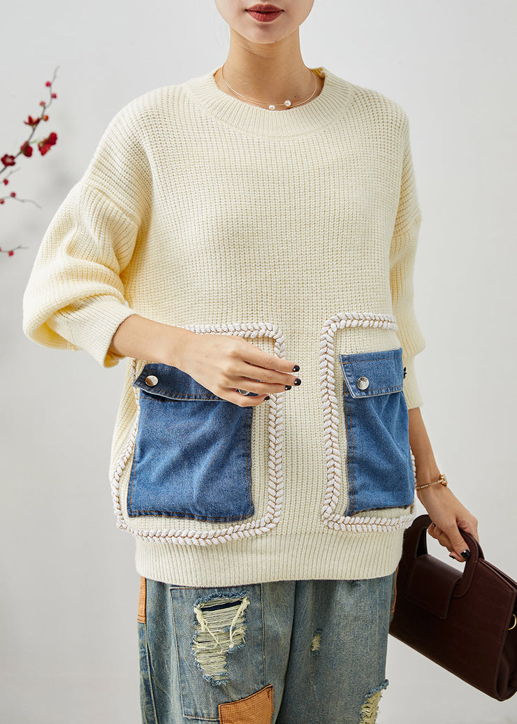 Beige Patchwork Knit Sweater Tops Oversized Pockets Winter