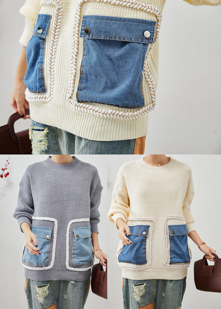 Beige Patchwork Knit Sweater Tops Oversized Pockets Winter