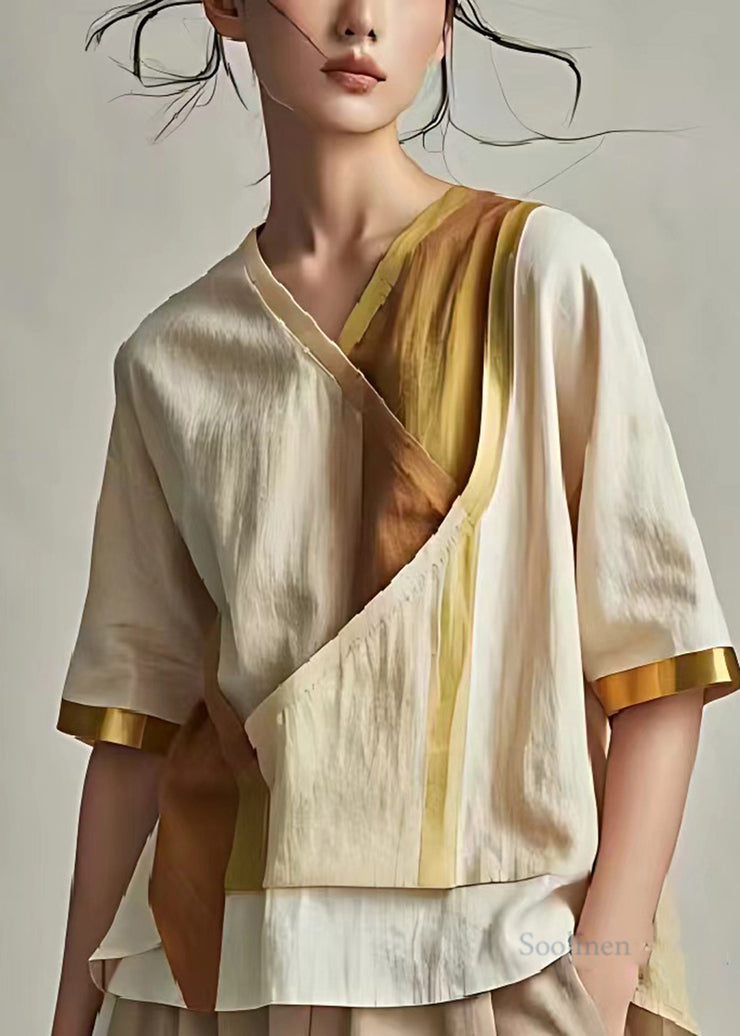 Beige Patchwork Linen Shirt Tops Asymmetrical Summer