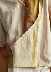 Beige Patchwork Linen Shirt Tops Asymmetrical Summer