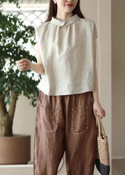 Beige Patchwork Linen Tops Peter Pan Collar Wrinkled Button Summer