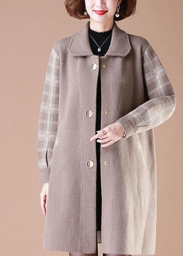 Beige Patchwork Plaid Woolen Coats Turn-down Collar Button Long Sleeve