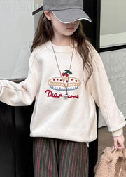 Beige Patchwork Warm Fleece Cotton Knit Girls Sweaters Spring