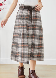 Beige Plaid Woolen Skirts Asymmetrical High Waist Fall