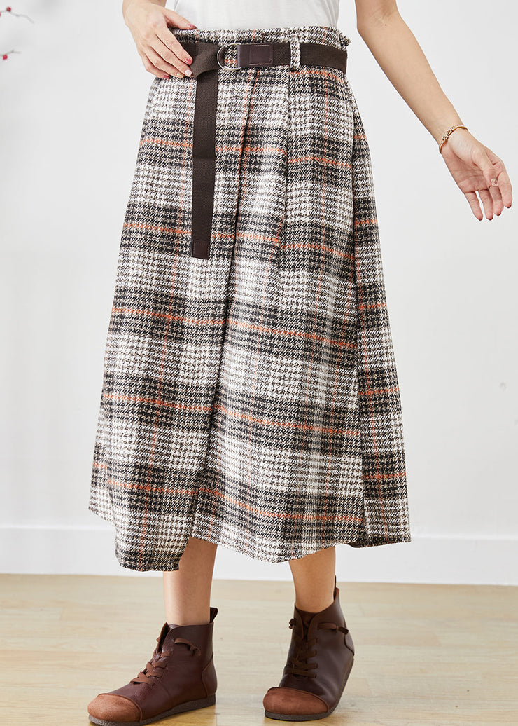 Beige Plaid Woolen Skirts Asymmetrical High Waist Fall