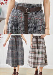 Beige Plaid Woolen Skirts Asymmetrical High Waist Fall