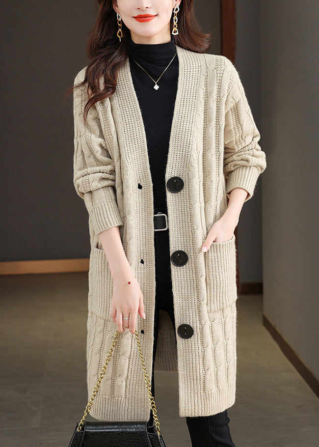 Beige Pockets Cable Wool Knit Fall Cardigans V Neck