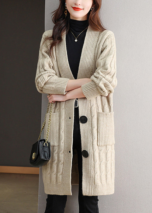 Beige Pockets Cable Wool Knit Fall Cardigans V Neck