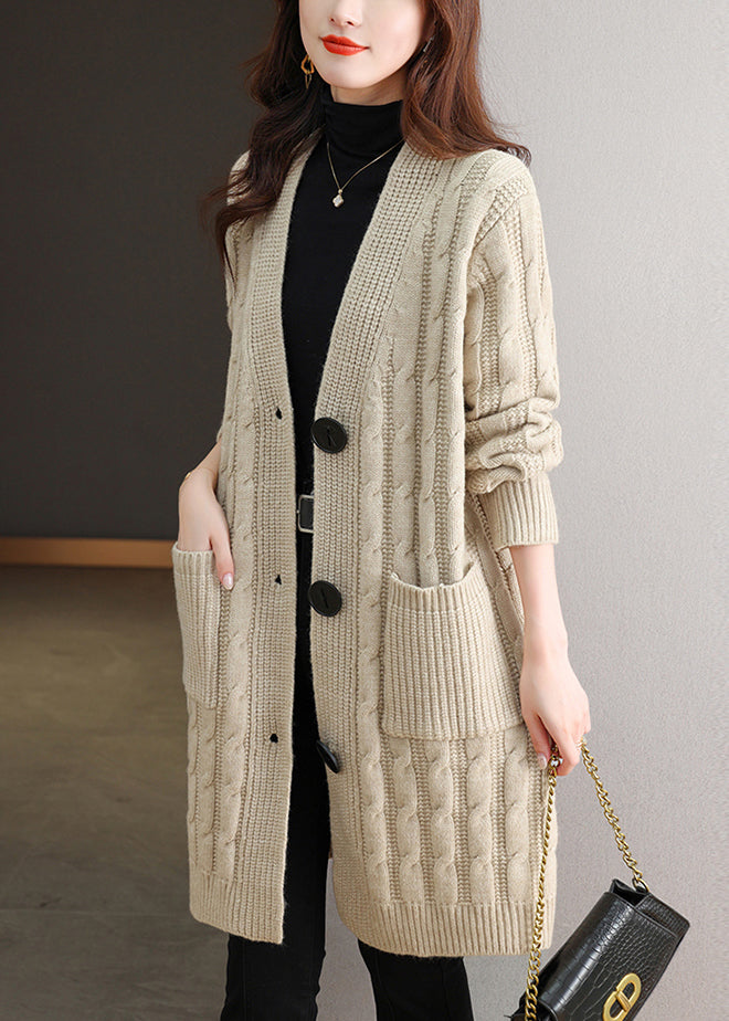 Beige Pockets Cable Wool Knit Fall Cardigans V Neck