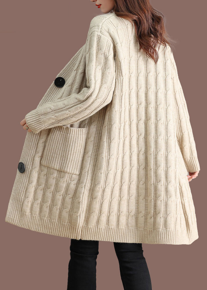 Beige Pockets Cable Wool Knit Fall Cardigans V Neck