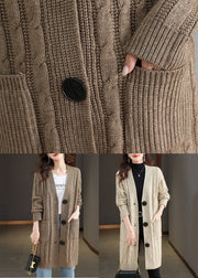 Beige Pockets Cable Wool Knit Fall Cardigans V Neck