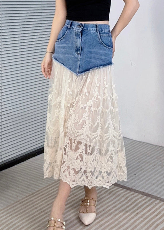 Beige Pockets Lace Patchwork Style Denim Skirts Summer