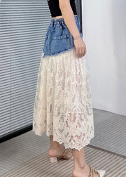 Beige Pockets Lace Patchwork Style Denim Skirts Summer