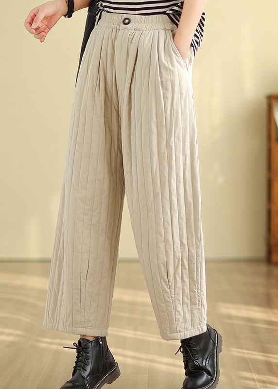 Beige Pockets Loose Fine Cotton Filled Straight Pants Elastic Waist Winter