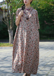 Beige Pockets Patchwork Cotton Long Dresses Stand Collar Half Sleeve