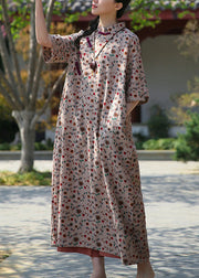 Beige Pockets Patchwork Cotton Long Dresses Stand Collar Half Sleeve