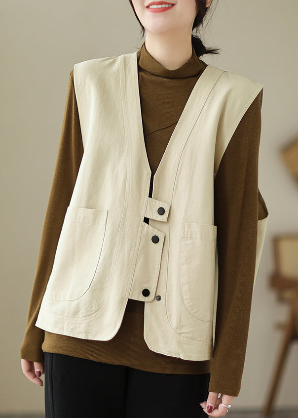 Beige Pockets Patchwork Cotton Vest V Neck Sleeveless